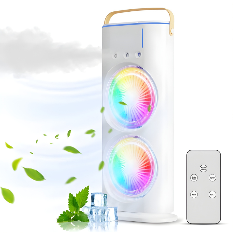 BreezeGlow™ 2-in-1 Dual Mist Cooling Fan – Chill, Hydrate & Light Up Your Space