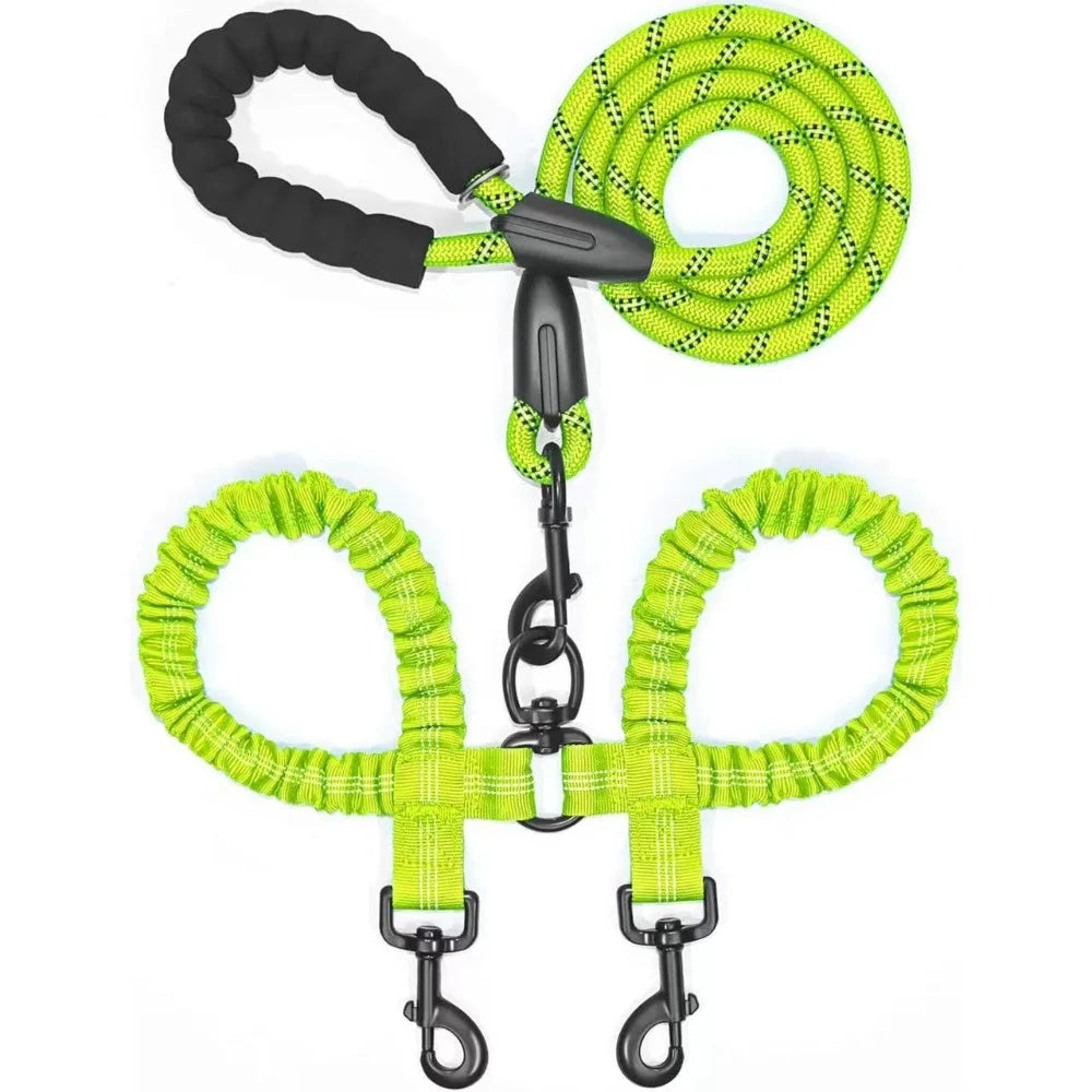 FlexiWalk™ Shock-Absorbing Double Dog Leash – Nylon, Stretchable, Anti-Winding for Comfortable Walks