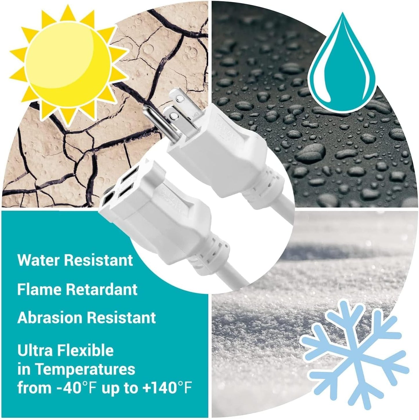 35 Ft Indoor/Outdoor Extension Cord 16/3 SJTW, 3-Prong Grounded Plug, White General Purpose Power Cord, Water & Weather Resistant, Flame Retardant, DCOC-0207-DC