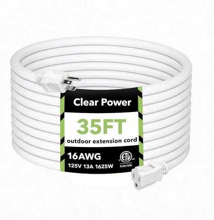 35 Ft Indoor/Outdoor Extension Cord 16/3 SJTW, 3-Prong Grounded Plug, White General Purpose Power Cord, Water & Weather Resistant, Flame Retardant, DCOC-0207-DC