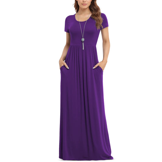 Women'S Short Sleeve Loose Plain Maxi Dresses Casual Long Dresses with Pockets,Mother'S Day,Dark Purple,Xl